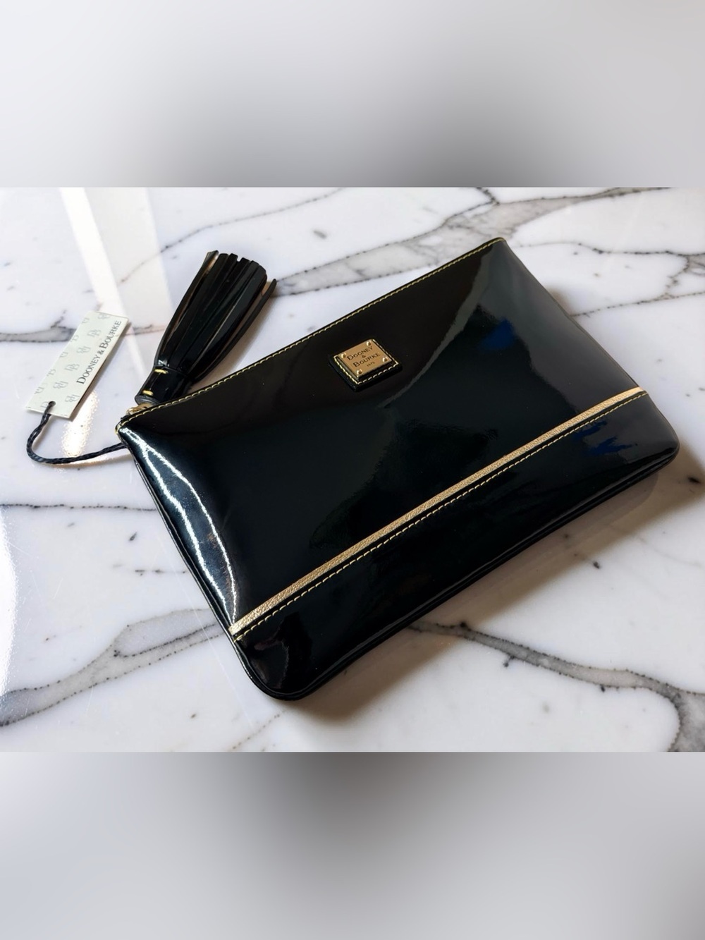 NWT Dooney & Bourke Black Patent Leather Clutch Wristlet Bag Statement Tassel - Picture 16 of 16